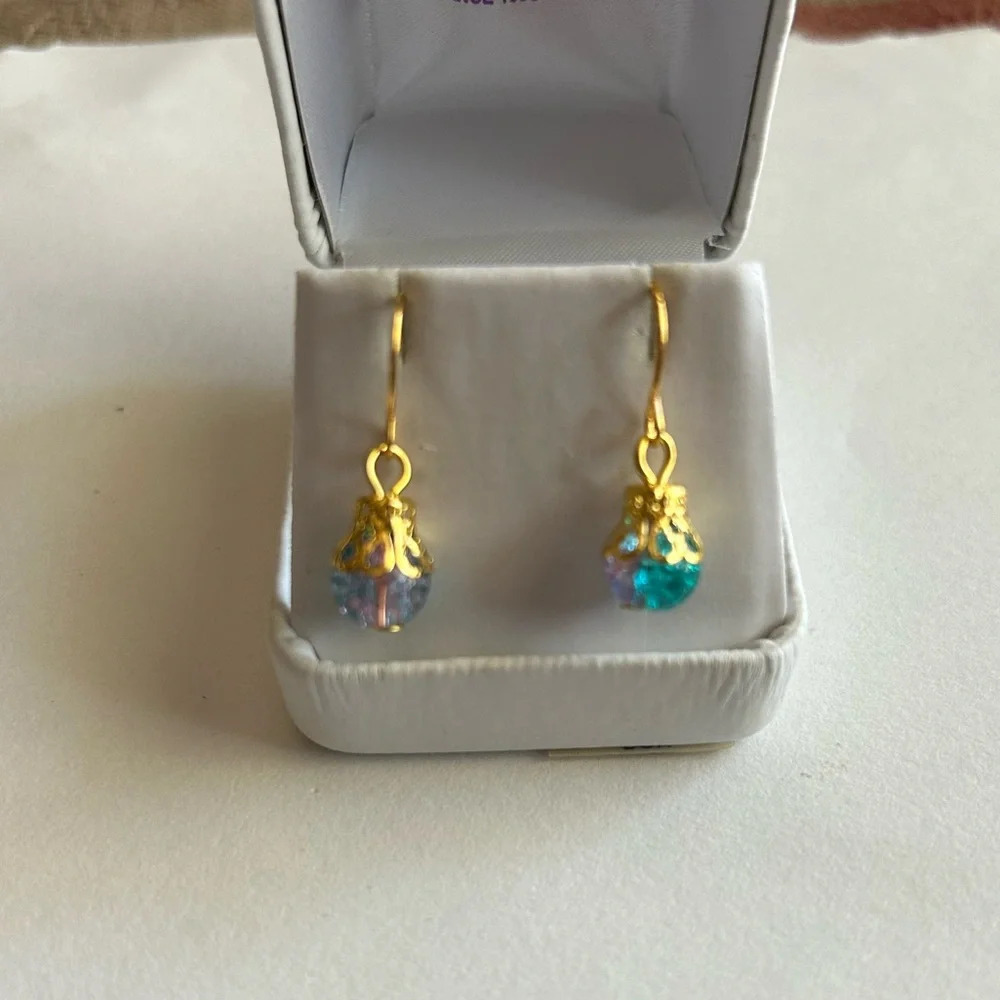 3/$20 Blue and Purple Dual Crystal Ornate Gold Plated Dangling Drop Earrings